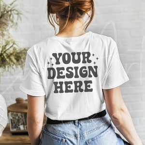 Bella Canvas 3001 Mockup, White Back T-Shirt Mockup, Boho Woman Model Mockup, High-Resolution Bella Canvas Back Mockup, Back View Mock