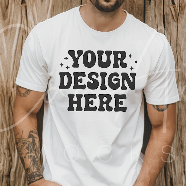 White Bella Canvas 3001 Mockup for Men High-Quality Male Shirt Mockup Customizable White T-Shirt Mockup Realistic Male Model T-Shirt Mockup