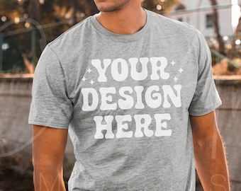 Bella Canvas 3001 Sport Grey Mockup, Male Model Mockup, Sport Grey T-Shirt Mockup Bella Canvas 3001 Male Model Athletic Grey Tee Mockup