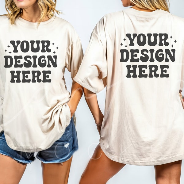 Front and Back Mockup, Ivory T-Shirt Mockup, Woman Model, Comfort Color Ivory C1717, Beige T-Shirt, Oversized Mockup, Natura Print On Demand