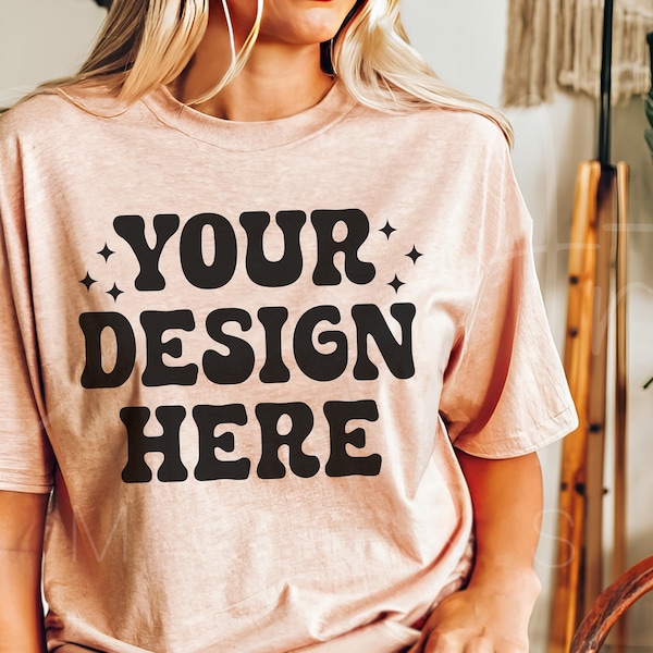 Heather Peach Mockup, Bella Canvas 3001 Mockup, Lifestyle Mockup, Minimalist Heather Peach BC3001 T-Shirt Mockup, Woman Model Boho Mockup