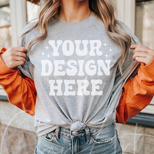 Grey T-Shirt Mockup, Bella Canvas 3001 Athletic Heather Women Model Mockup,  Female Grey Tee Mockup, High-Quality Shirt Template Mockup