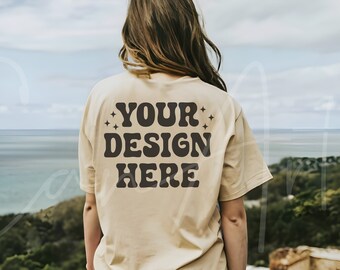 Gildan 5000 Natural Color T-Shirt Mockup, Bohemian Style Gildan Shirt Model Mockup, Gildan Back View Shirt Mockup, Natural Tee Back Mockup