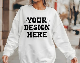 White Crewneck Mockup, Gildan 18000 Sweatshirt Mockup, Oversized Woman Model Mockup, Gildan Model Shirt Mock, Casual White Crewneck Download