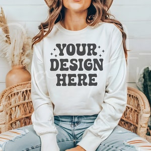 White Gildan 18000 Mockup, Boho Gildan 18000 Crewneck Sweatshirt Mockup Realistic White Crewneck Sweatshirt Mockup Print-On-Demand Mocks