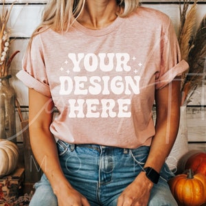 Bella Canvas 3001 Heather Peach T-Shirt Mockup, Fall Mockup, Autumn Tee Shirt Mockup Woman Model, Boho Mockup, BC 3001 Peach Shirt Mockup