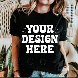Bella Canvas Mockup, 3001 Black T-Shirt Mockup, Boho Woman Model High Quality Mockup, Blank Tee Shirt Digital Download Print On Demand Mock