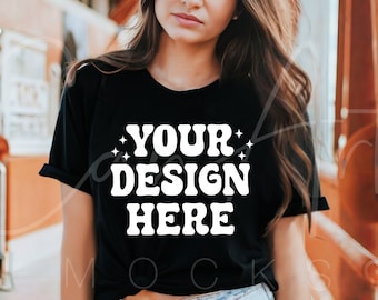 Black Comfort Colors T-Shirt Mockup, Black Tee Shirt Boho Woman Model Mockup, High-Resolution Black Shirt Mockup Comfort 1717 Black Mockup