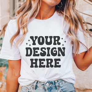 Bella Canvas Vit 3001 T-shirt Mockup, Anpassningsbar T-shirt Mockup i Vit Realistisk T-shirt Mockup Grafik Mockup Unisex 3001 Skjorta Mockup