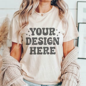 Soft Cream Shirt Mockup, Bella Canvas 3001 Mockup, BC Tee Showcase Mockup, 3001 Bella Cream Shirt Display Template Lifestyle Mockup Download