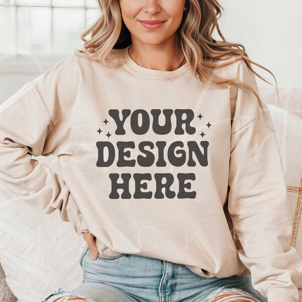 Sand Crewneck Mockup, Gildan 18000 Sand Sweatshirt Mockup Neutral Color Boho Woman Model Sweater Mockup, Casual Blank Sand Gildan lifestyle