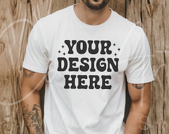 White Bella Canvas 3001 Mockup for Men High-Quality Male Shirt Mockup Customizable White T-Shirt Mockup Realistic Male Model T-Shirt Mockup