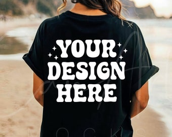 Comfort Colors Black Mockup, T-Shirt Back Mockup, Beach Summer Woman Model Mockup, High-Resolution Black Tee Back Mockup Comfort Colors