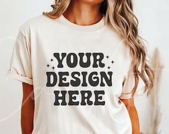 Comfort Colors Ivory T Color Shirt Mockup, CC1717 Natural T-Shirt Woman Model, Summer Mockup, Trendy Mockup, Ivory Tee Lifestyle Download