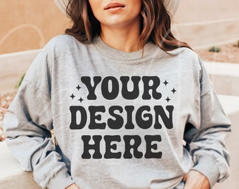 Gildan 18000 Sport Grey Crewneck Mockup, Heather Grey Sweatshirt Mockup, Woman Model High-Resolution Sweater Mockup, Stylish, Minimalist