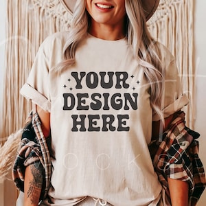 Natural Bella Canvas T-Shirt Mockup, Sand Color Bella Canvas 3001, Boho T-Shirt Woman Model Mockup, Bella Canvas Sand Tee Mockup, Casual