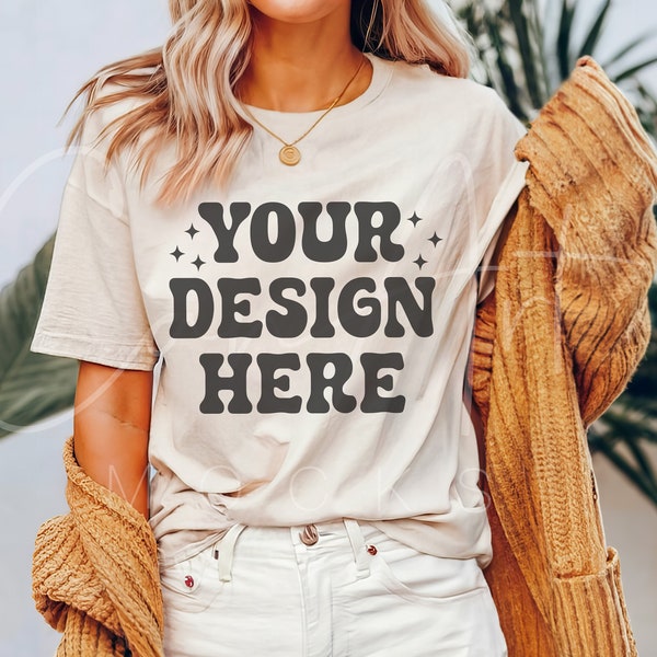 Bella Canvas 3001 Natural T-Shirt Mockup, Boho Woman Model, Oversized, Natural Tee Showcase, Apparel Mockup Template, Minimalist Mockup