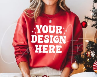 Gildan 18000 Red Mockup, Christmas Crewneck Mockup, Oversized Mockup, Print On Demand, Holiday Mockup, Red Sweatshirt Template Winter Mockup