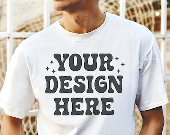 Male Model Mockup, Bella Canvas 3001 White T-Shirt Men Mockup, White Tee Mockup, High-Quality Shirt Mockup, Simple White T-Shirt Mockup,