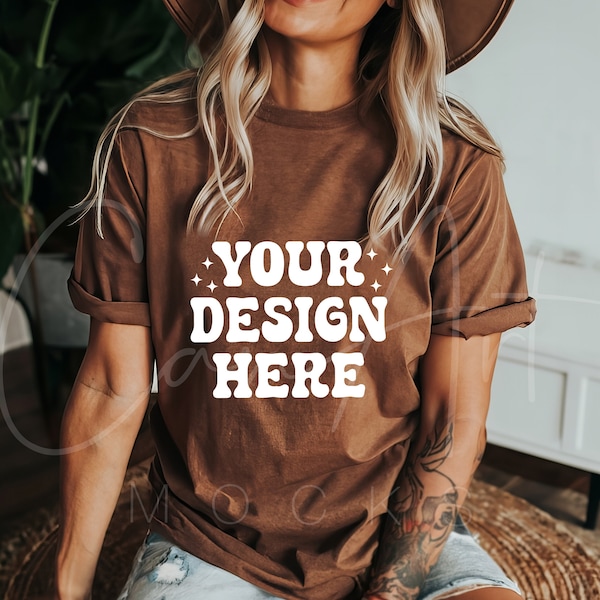 Bella Canvas 3001 Heather Brown Boho Mockup, Lifestyle Tee Shirt Mockup, Woman Model Clothing Mockup, Print-On-Demand Mockup, BC 3001 Brown