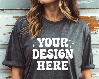 Dark Heather Grey Mockup, Bella Canvas 3001 Dark Grey Mockup, Woman Model, BC3001 Casual Wear Mockup, High-Resolution Boho Mockup