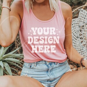 Next Level 1533 Desert Pink Mockup, Pink Tank Top Mockup, Boho Woman Model Minimalist Next Level Pink Tank Mockup Outdoor Lifestyle Mockup