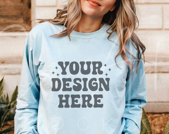 Light Blue Gildan 18000 Mockup, Boho Gildan 18000 Crewneck Sweatshirt Mockup Realistic Blue Crewneck Sweatshirt Mockup Print-On-Demand Mocks