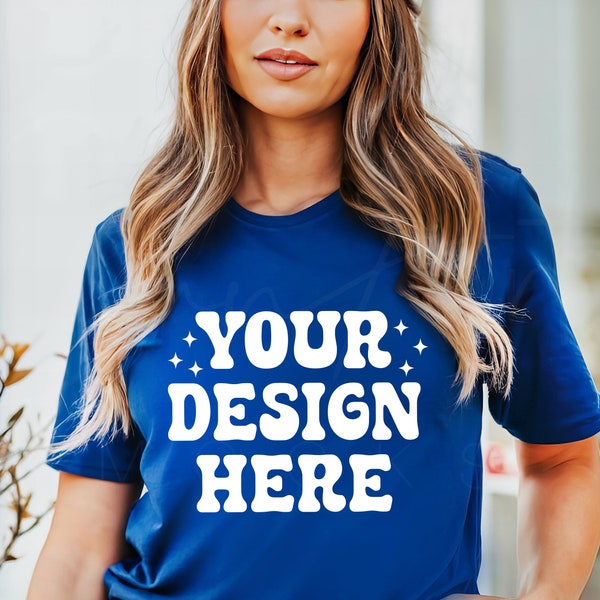 Bella Canvas 3001 True Royal Mockup, Blue T-Shirt Mockup BC3001 Blue Women Model Mockup, Trendy Mocks, Blue Tee Mockup, Royal Shirt Mockup