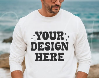 Gildan 18000 Mockup, White Crewneck Male Model, Casual Beach Scene Sweatshirt Mockup, High-Resolution, Ocean Background Digital Mockup