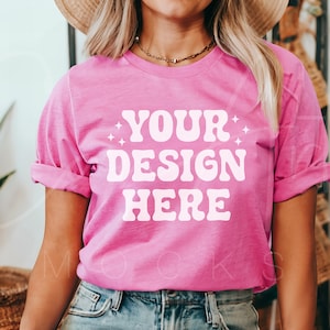Bella Canvas 3001 Mockup, Charity Pink Mockup, Boho Tee Shirt Woman Model Mockup Charity Pink T-Shirt Mockup, Unisex shirt Mockup Pink Shirt