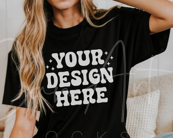 Black Comfort Colors T-Shirt Mockup, CC 1717 Black Tee Shirt Mockup, Boho Woman Model Mockup, Lifestyle Casual Mocks, Print on Demand Mockup