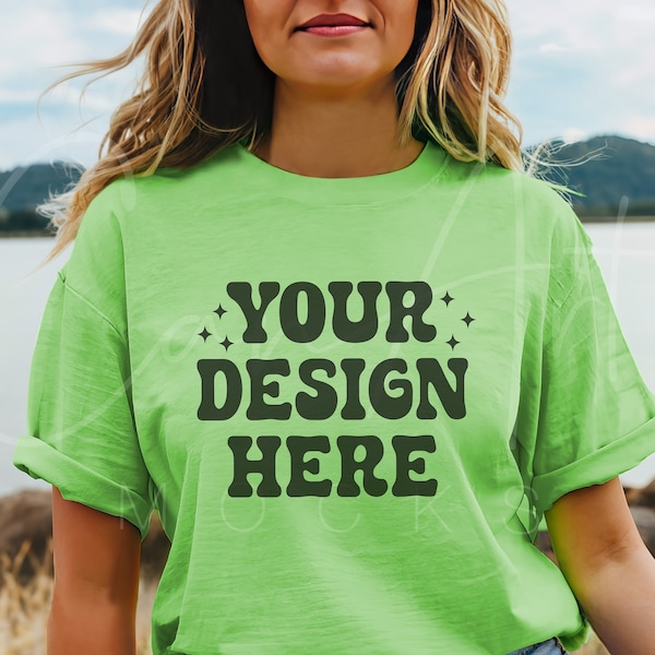 Comfort Colors C1717 Kiwi Mockup, CC Green Color T-Shirt Mockup, Woman Model Mockup, Oversized Mocks, CC 1717 Kiwi Shirt Mock Template