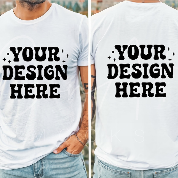 Bella Canvas 3001 White Front and Back, Male Model White T-Shirt Mockup for Men's BC 3001 White, High-Resolution Men's White Tee Mockup