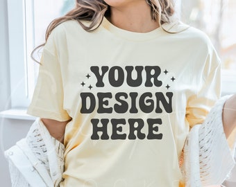 Comfort Colors Butter T-Shirt Mockup, CC1717 Soft Yellow T-Shirt Woman Model, Summer Mockup, Trendy Mockup, Butter Yellow Tee Lifestyle