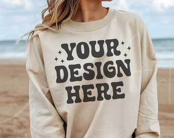 Gildan 18000 Sand Mockup, Natural Color Crewneck Sweatshirt Mockup, Beach Mockup, Oversized Trendy Beach Mockup, G180 Sweater Mocks