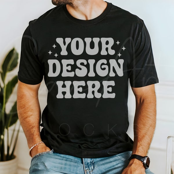 Black Bella Canvas 3001 Mockup for Men High-Quality Male Shirt Mockup Customizable Black T-Shirt Mockup Realistic Male Model T-Shirt Mockup