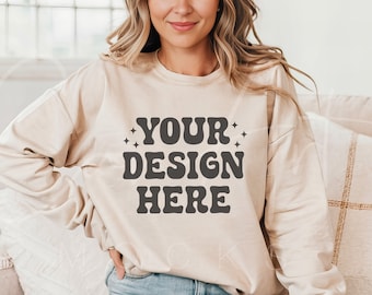 Sand Crewneck Mockup, Gildan 18000 Sand Mockup, Boho Woman Model Mockup, Sand Sweatshirt Mockup, High Resolution Digital Realistic Mockup