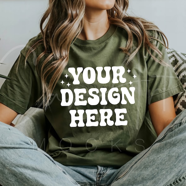 Comfort Colors C1717 Moss Shirt Mockup, Green C1717 Tee Mock, Comfort Moss Shirt Mock, Military Green Mocks, C1717 Army Green Tee Mockup