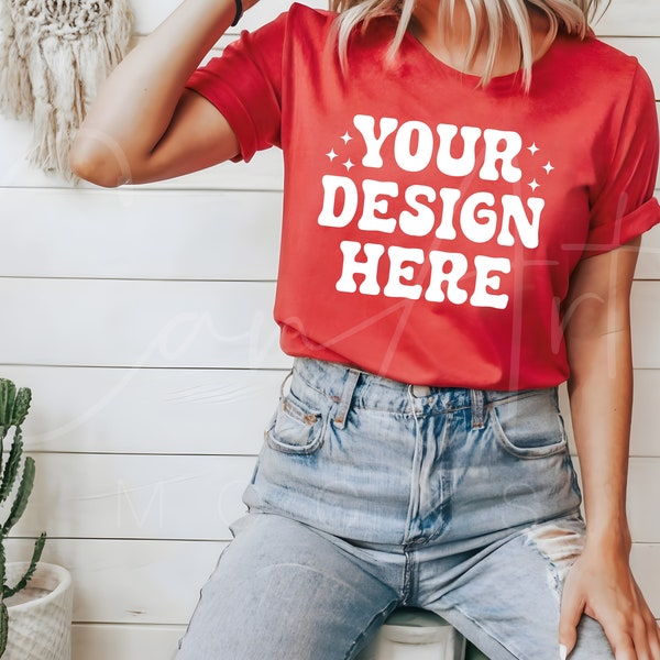 Red Bella Canvas Shirt Mockup, Model Mockup, Bella Canvas Red Tee, Red 3001 T-Shirt Mock, Red Top Mockup, Canvas Red Style,Red 3001 T-Shirt