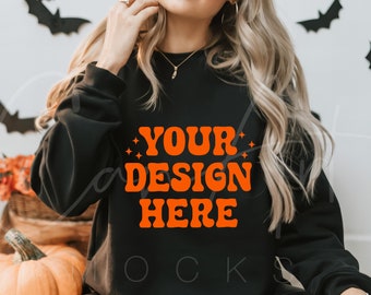 Gildan 18000 Sweatshirt Mockup, Halloween Schwarz Rundhals Mockup, Herbst Mockup, Schwere Mischung Pullover Mockup, Herbst Mockup Hochqualitativ Digital