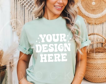 Comfort Colors Bay Mockup, C1717 Bay T-Shirt Mockup, Boho Woman Model Mockup, Green Tee Shirt Mockup Print On Demand, High Quality