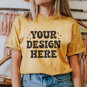 Bella Canvas 3001 Yellow Mockup, Yellow Color Blank T-Shirt Mockup, Woman Model Mockup, High-Resolution Tee Mockup, Yellow T-Shirt Mockup