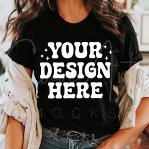 Bella Canvas 3001 Mockup, Black T-Shirt Mockup, BC 3001 Boho Woman Model Mockup Template Blank Tee Mockup, High-Quality T-Shirt Mockup