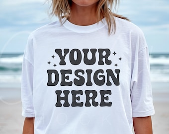 Comfort Colors White Mockup, White T-Shirt Mockup, CC1717 Mockup, Summer Beach White Tee Shirt Woman - Female Model, High-Quality Download