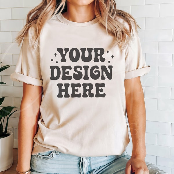 Sand T-Shirt Mockup, Gildan 64000 Sand Shirt Mockup, Womens Shirt Mockup, Neutral Sand Tee Mockup, Casual Wear Sand T-Shirt Mockup, Boho