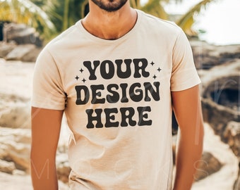 Gildan 5000 Sand Mockup, Male Model Beach Mockup for Men, Summer Mockup, Sand Color Tee Shirt Mockup, Boho Mockup, Beach Background