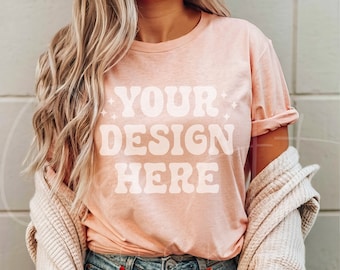 Heather Peach Bella Canvas 3001 T-Shirt Mockup, Boho Damen Shirt Mockup, Pfirsich T-Shirt Mockup, Casual Wear Pfirsich T-Shirt Vorlage, Modell Mockup