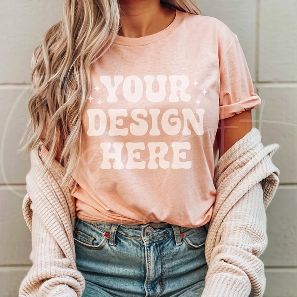 Heather Peach Bella Canvas 3001 T-Shirt Mockup, Boho Womens Shirt Mockup, Peach Tee Mockup, Casual Wear Peach T-Shirt Template, Model Mockup