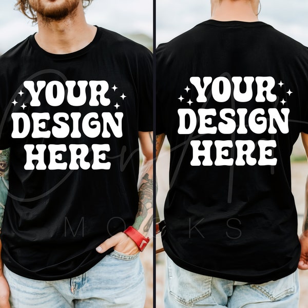 Bella Canvas 3001 Black Front and Back, Male Model Black T-Shirt Mockup for Men's BC 3001 Black, High-Resolution Men's Black Tee Mockup