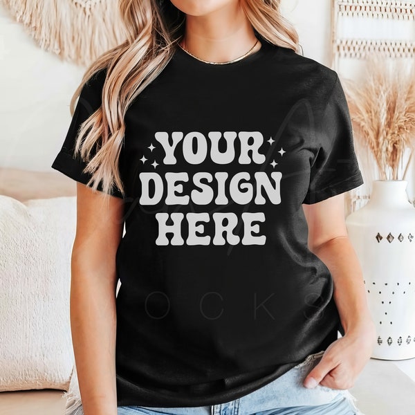 Black T-Shirt Mockup, Gildan 64000 Black Shirt Mockup, Womens Shirt Mockup, Black Tee Mockup, Casual Wear Black T-Shirt Mockup, Boho Mockup